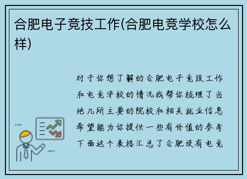 合肥电子竞技工作(合肥电竞学校怎么样)